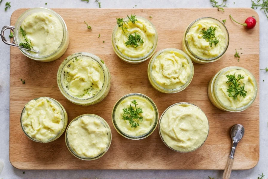 Various pepper mayo variations in small jars with fresh herbs