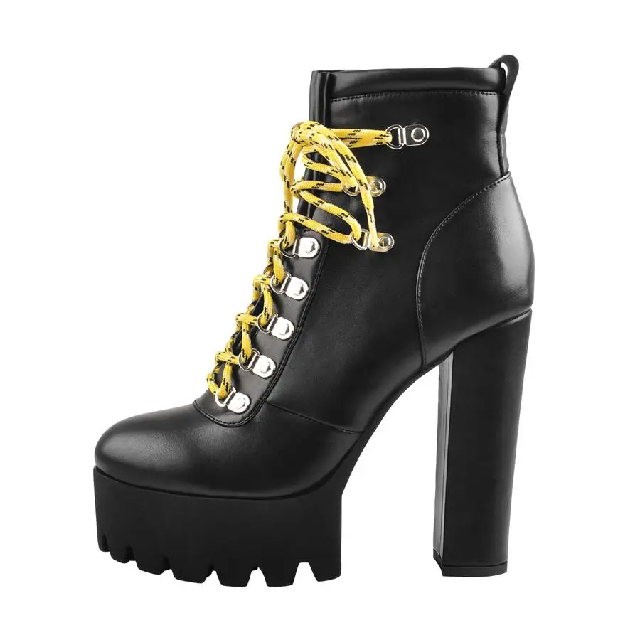 

Lace Up Yellow Strappy Round Toe Platform Chunky Heels Ankle Boots, Black