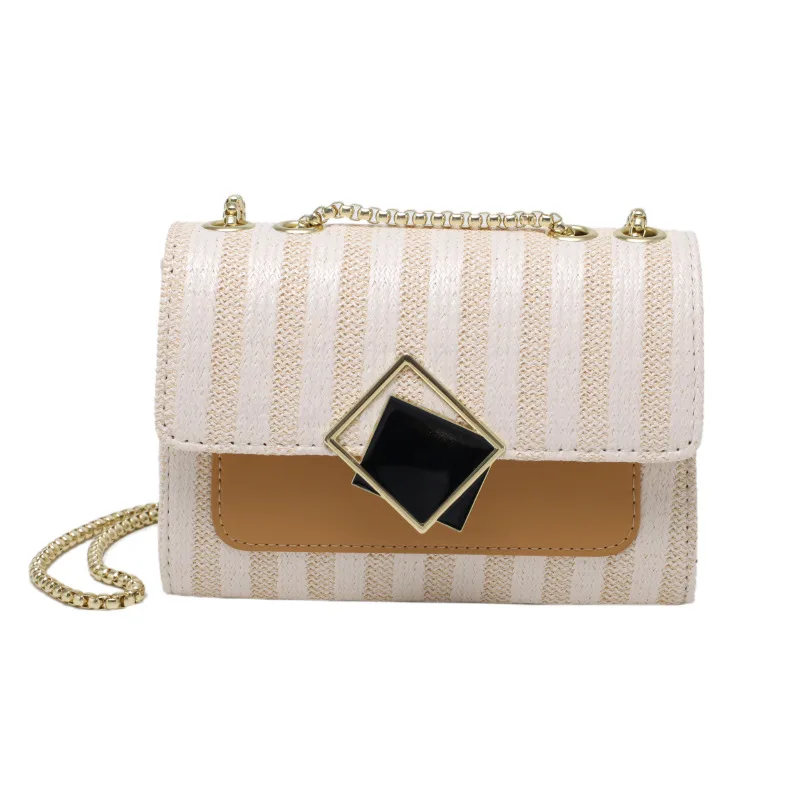 

2021 Summer Fashion Small Square Beach Straw Bag Crossbody Single Shoulder Bag Metal Chains Women Purses and Handbags, Black,yellow,blue,beige