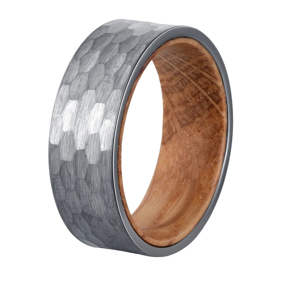 POYA Wholesale  8mm Hammered Tungsten Ring Silver with Whiskey Barrel Wood Liner Classic Engagement Anniversary & Wedding Gift