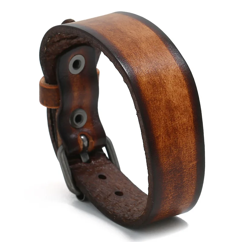 

Handmade Vintage Wrap Buckle Genuine Leather Bracelet Adjustable Men Wide Belt Wristband Bangles Jewelry