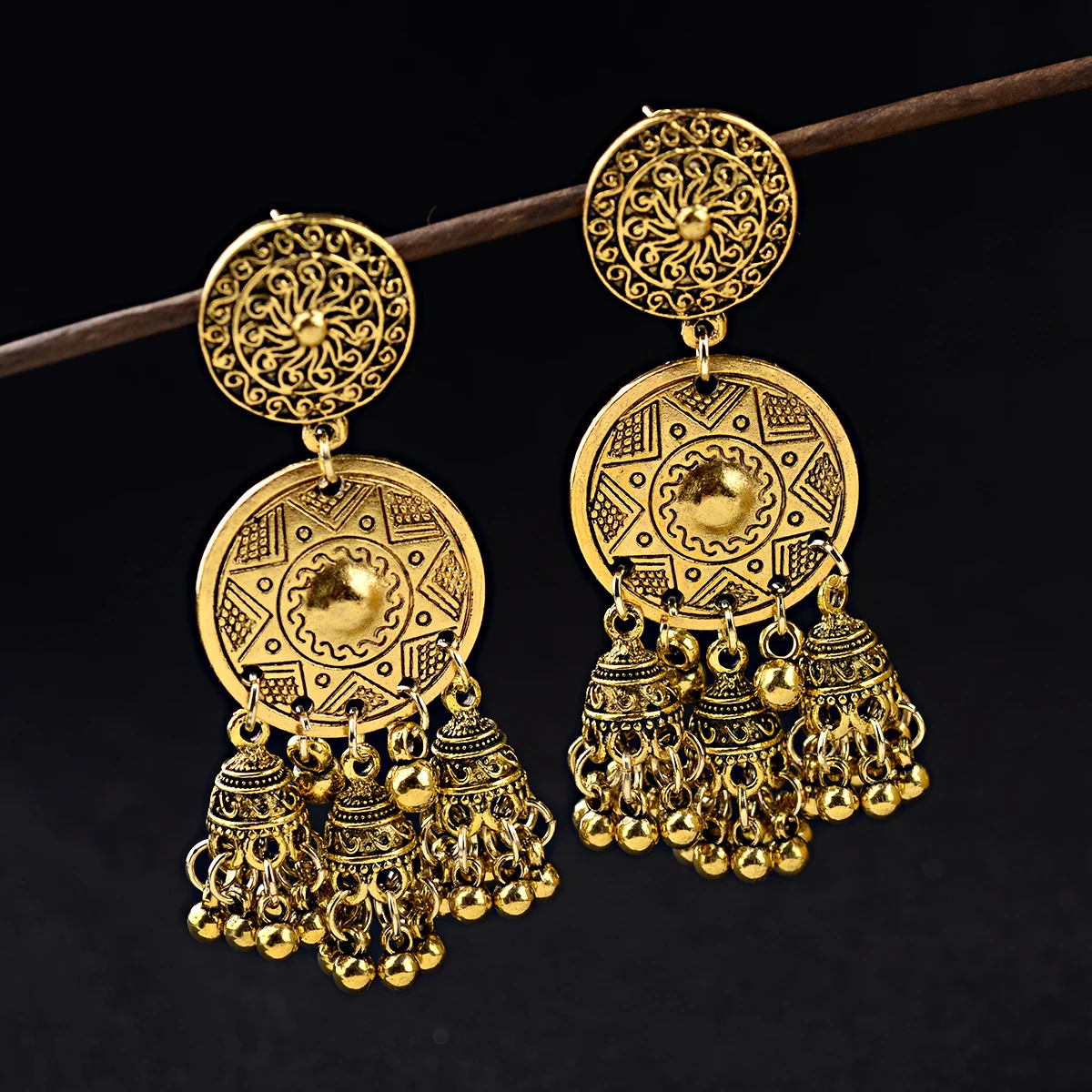 

Boho Vintage Jhumka Statement Big Bells Tassel Drop Earrings for Women Ethnic Round Carved Brincos Gypsy Indian Jewelry, Gold/silver