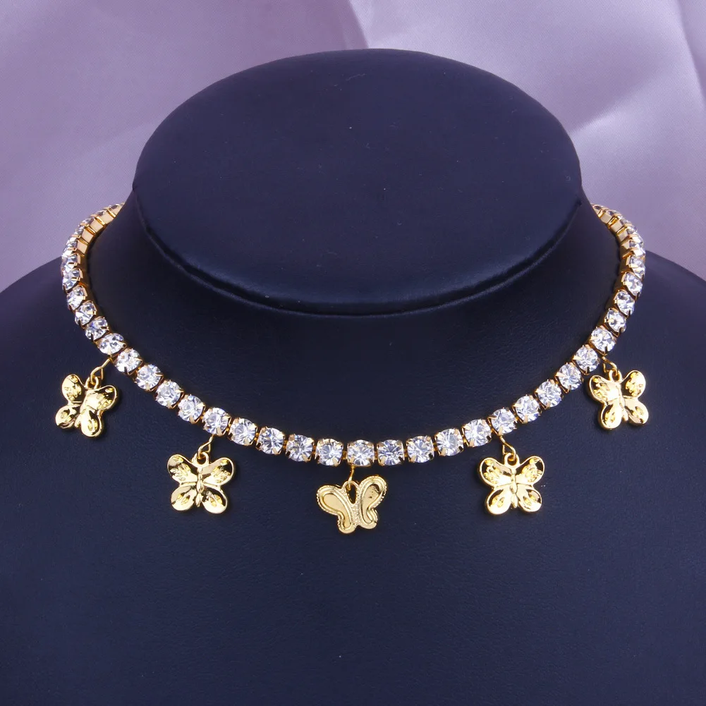 

European Gold Plated Rhinestone Crystal Tennis Chain Butterfly Choker Necklace Statement Hollow Butterfly Pendant Necklace