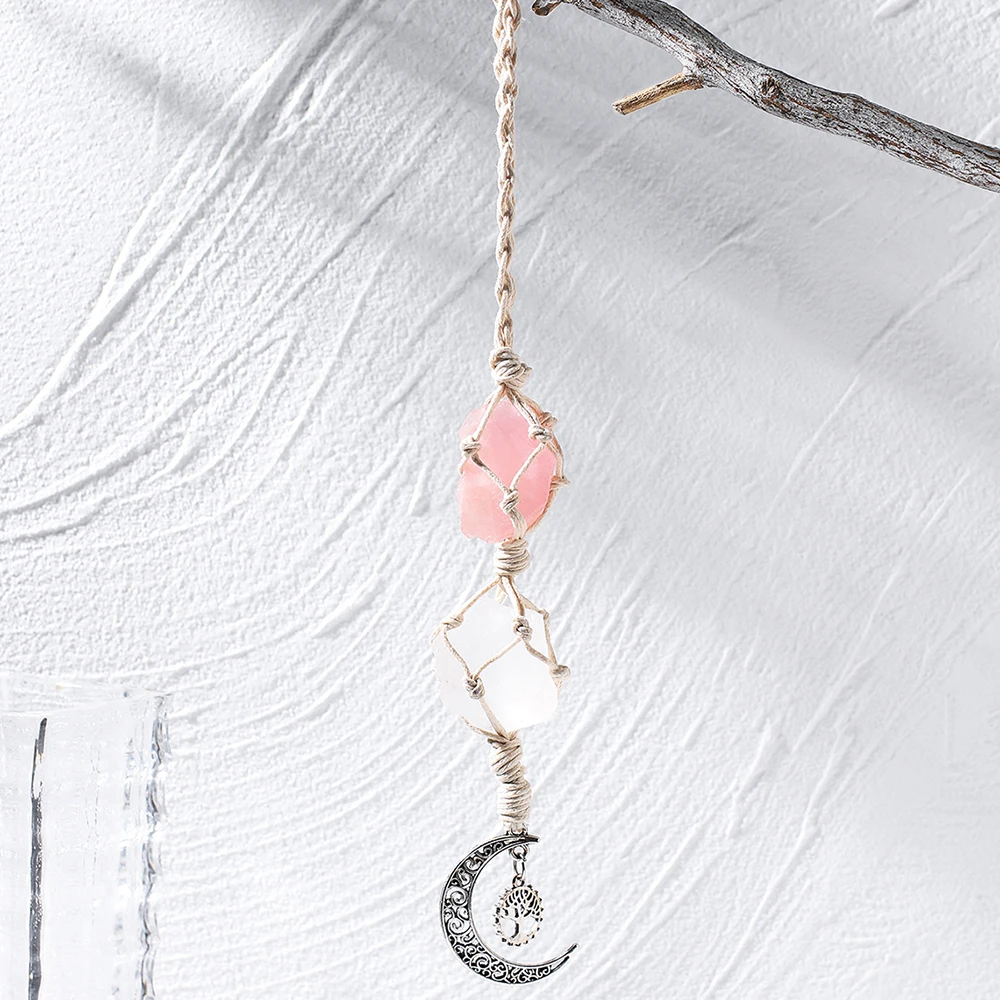 

Macrame Wall Hanging Crystal Healing Stones Moon Tree Of Life Car Mirror Key Hanging Accessories Ornament Interior Decor