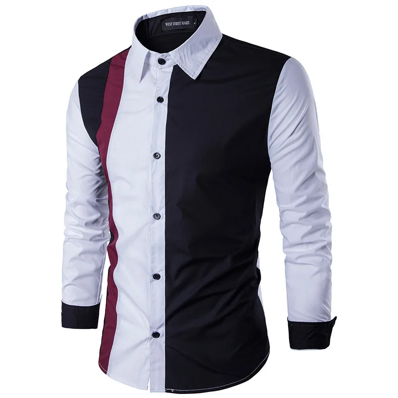

2021 Men's Splicing Shirt Korean Fashion Slim Pointed Collar Long Sleeve Splicing Blusas-Fashion Men's Hip Hop t-Shirts