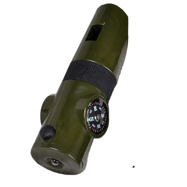 

Hot Selling Outdoor Seven In One Multifunctional Whistle With Led Light Thermometer Compass Survival Whistle, Army green