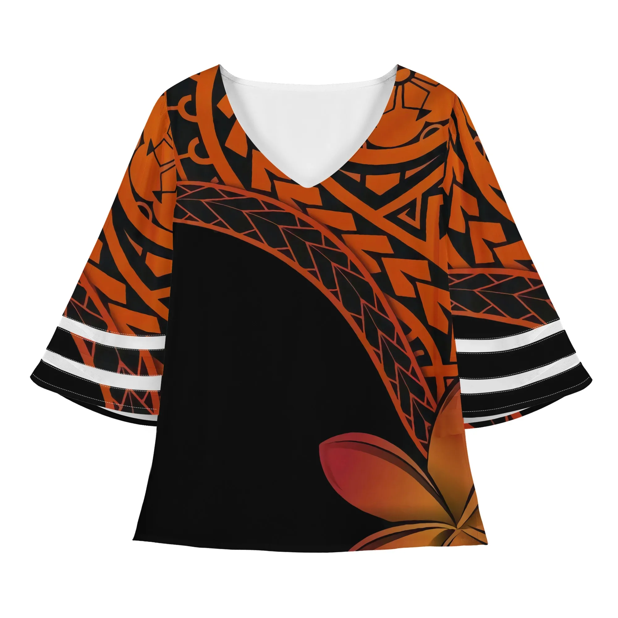 

Boho style Ladies shirts Orange black Polynesian Blouses with plumeria flower printed casual Summer 3/4 Flared Bell Sleeve Top, Customized color