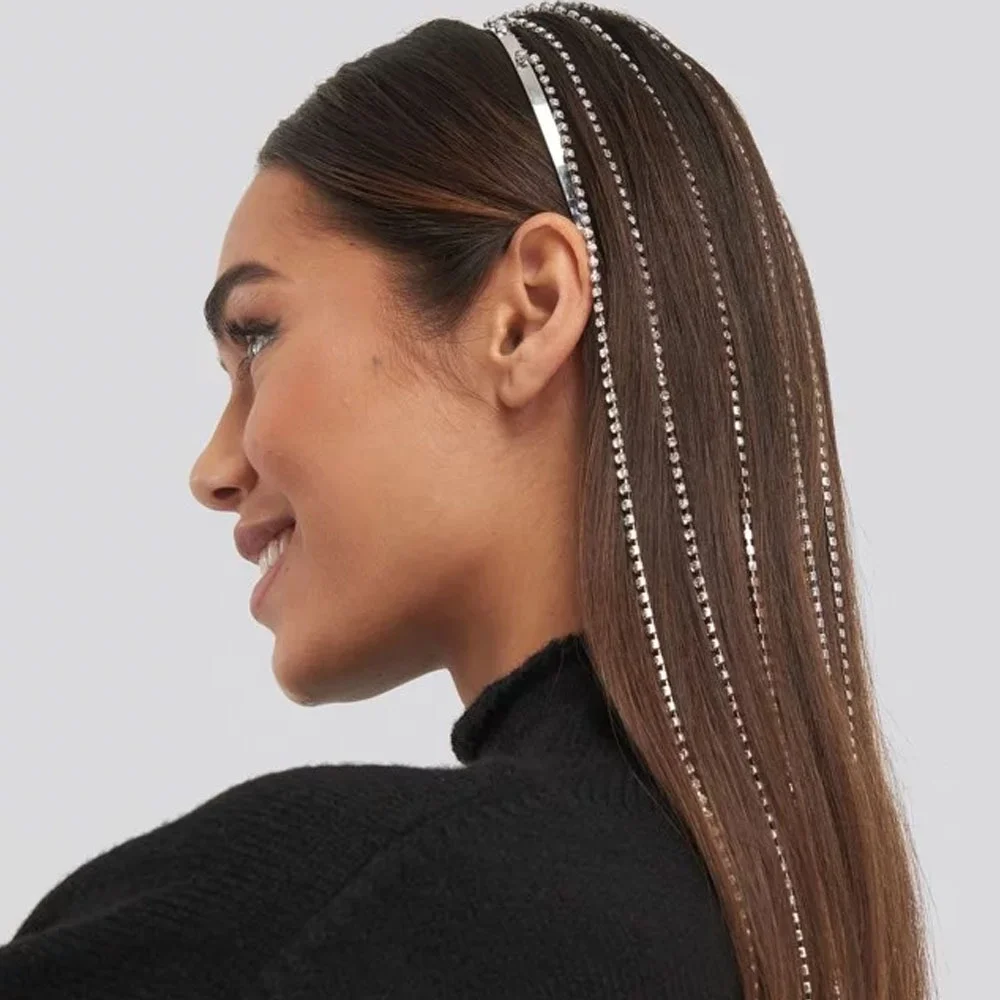 

Rhinestone Headbands Head Wear Personality Fashion Jewelry Headpiece Long Tassel Crystal Opp Bag Women Girl Lady Silver or Gold