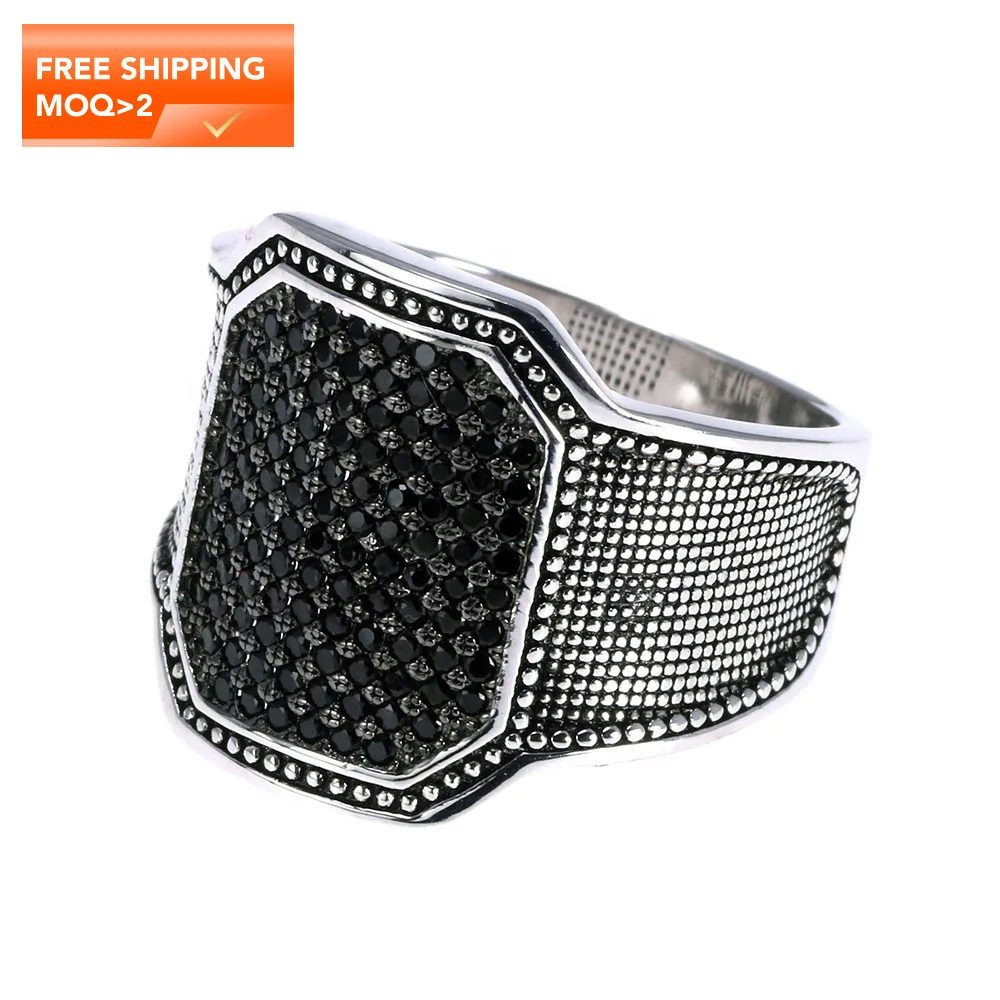 

Natural Black Zircon Stone Curved Design Turkish Silver Ring For Men