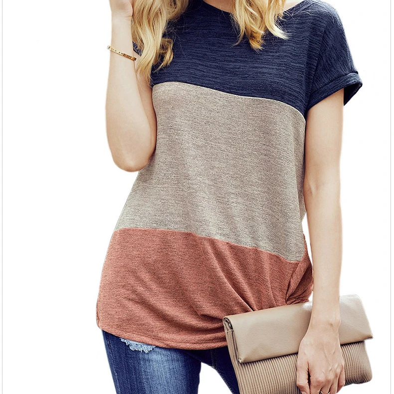 

2020 Summer Women's Fashion Casual Color Block Twist T-Shirt Tee Tops