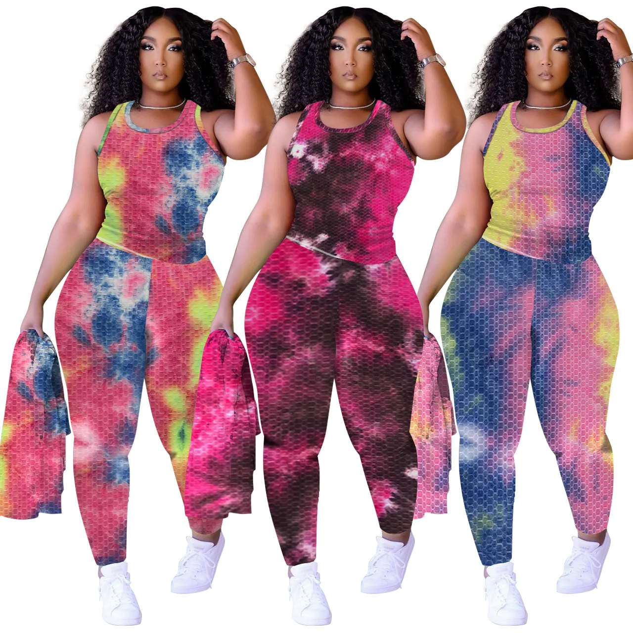 

2021 New arrival women two 2 piece set clothing tie dye tank top summer two piece outfits for women