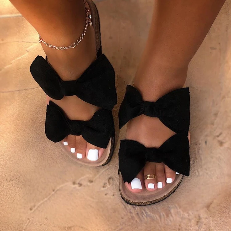 

Fashion Black Bow Sandals for Women Summer Slippers INS Bowknot Double Strap Female Flat Slide Slipper Shoes Ladies Wholesale