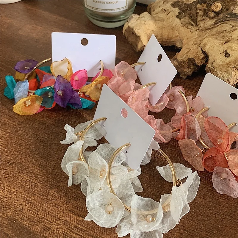

Kaimei amazon top seller 2019 women gold hoop earing super fairy cotton fabric flower petals hoop earrings for women gifts, Many colors fyi
