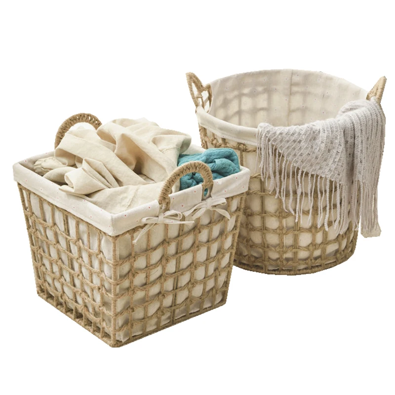 

handmade natural jute cotton linen iron storage basket woven fabric laundry basket