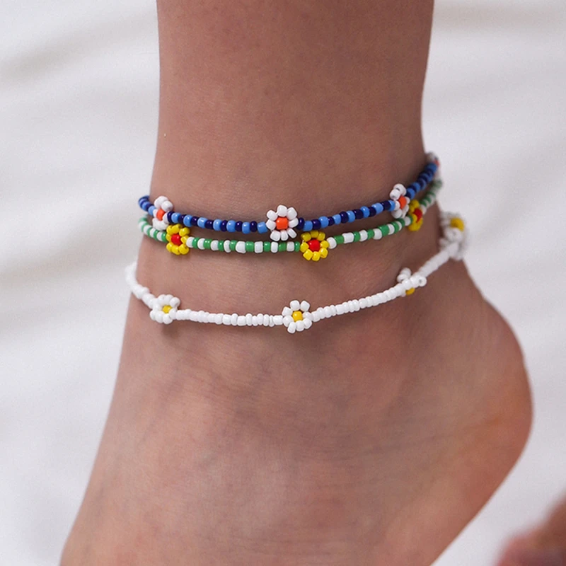 

Summer Fashion Retro Bohemian Color Rice Bead Woven Flower Anklet Girl Accessories Anklet 2021, Like picture