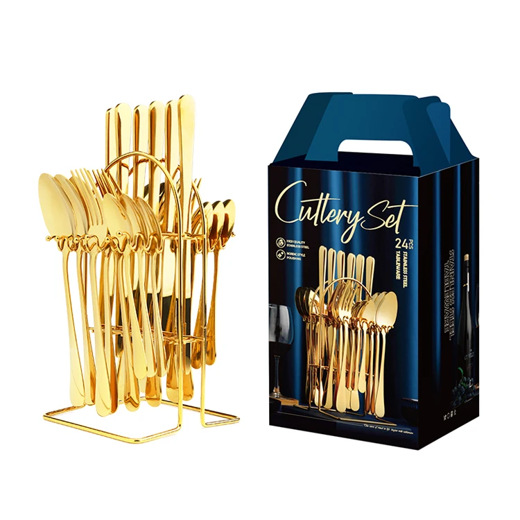 

Amazon Best Selling Stainless Steel Knife Fork Spoon set 24pcs Gold Flatware Luxury Cutlery Set With Stand, Gold,black/white/green/blue/pink/red with gold