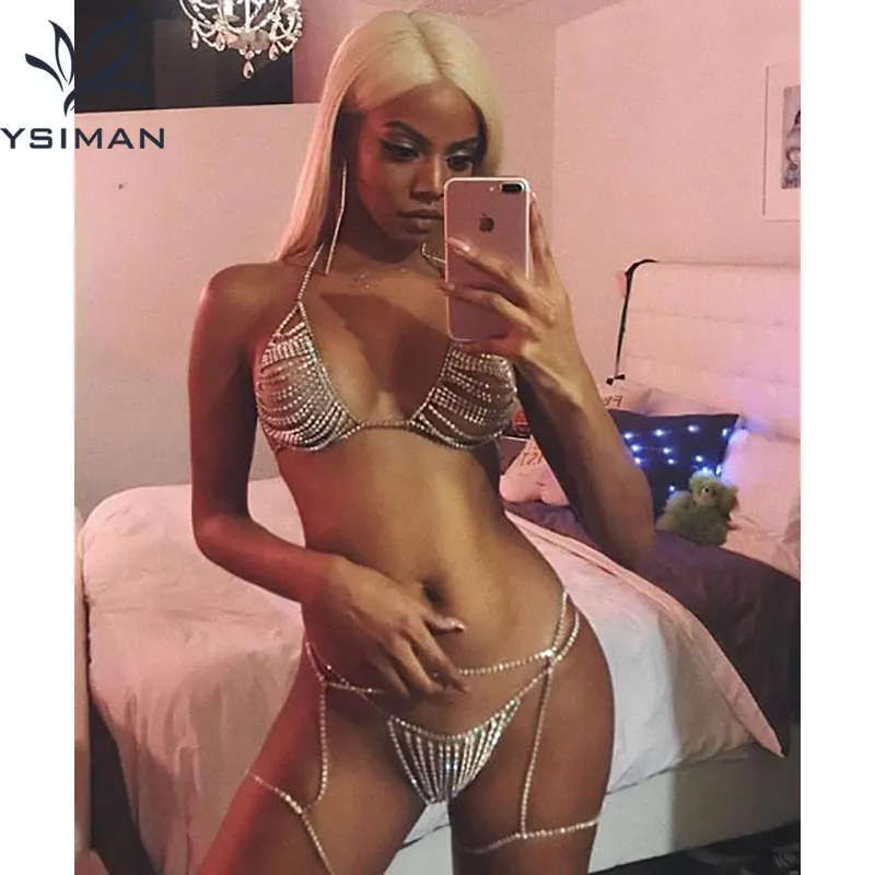 

Women Shiny Crystal Rhinestone Mesh Body Bra Bikini Suit Sexy Charm Women Transparent Panties Body Chest Chain Jewelry