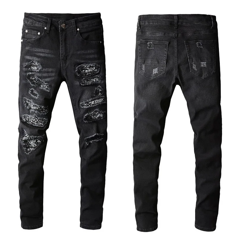 

Rts For Dropshipping 669 Customize Logo Men Distressed Denim Hip Hop Rivet Male Slim Ripped patch Jeans Pants Me