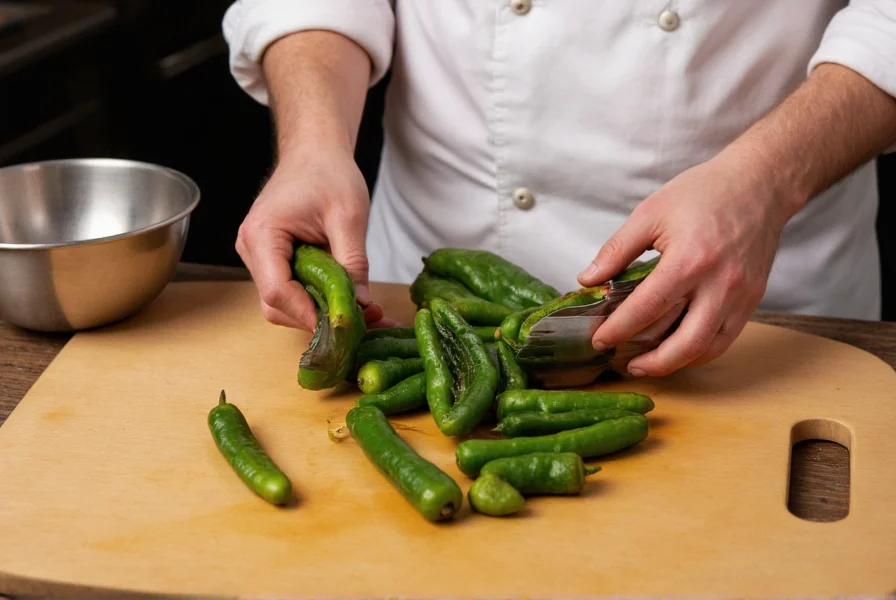 Professional chef carefully peeling roasted poblano peppers with kitchen tongs on wooden cutting board