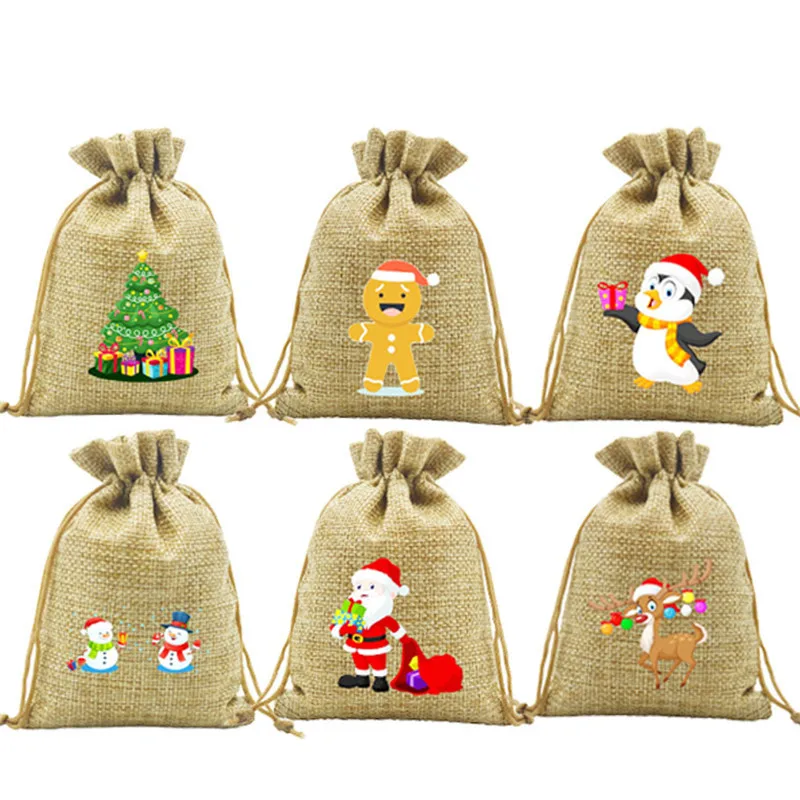 

Customized Cartoon Pattern Design Christmas Gift Drawstring Linen Bag With Handles, Multiple color