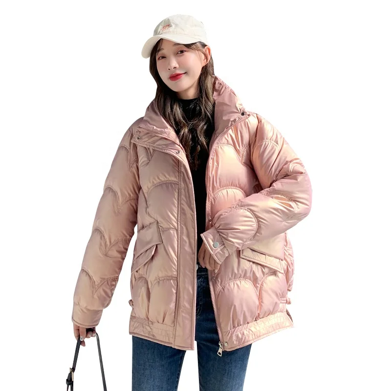 

New Design Ladies Casual Warm Padding Shining Shell Jacket With Hood Winter European Style Women Long Puffer Jacket