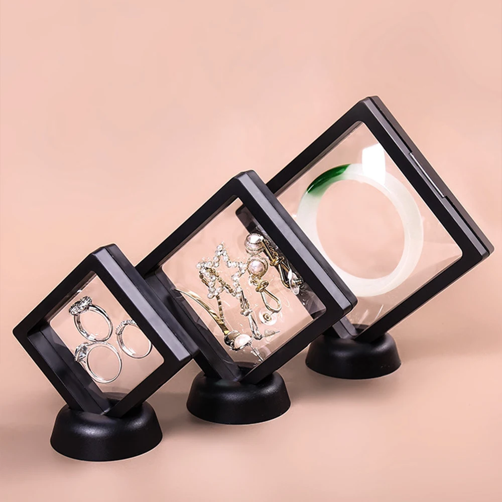 

Jewelry Box 5*5 cm Transparent Ring Plastic 3D Floating Frame Coin Display Case Factory Custom OEM Print Logo, White/black