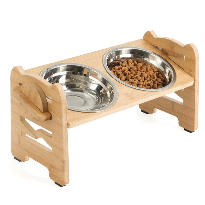 

Hot Sale Adjustable 6 Heights Durable Bamboo With 2 Stainless Steel Bowls And Non-Slip Feet Dog And Cat Feeder