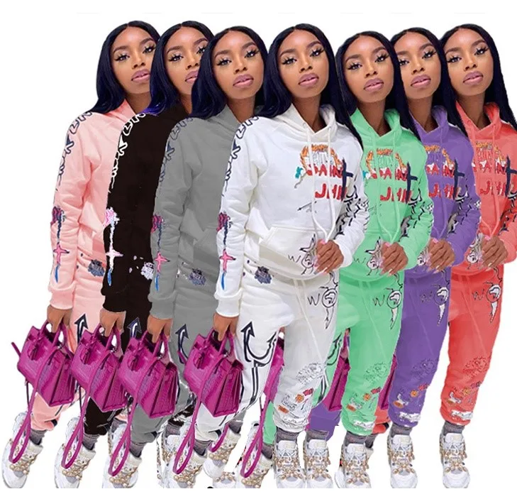 

winter Clothes short sets women two piece Long Sleeve Print Hoodie Sets Two Piece Pants Set Women Clothing 2021