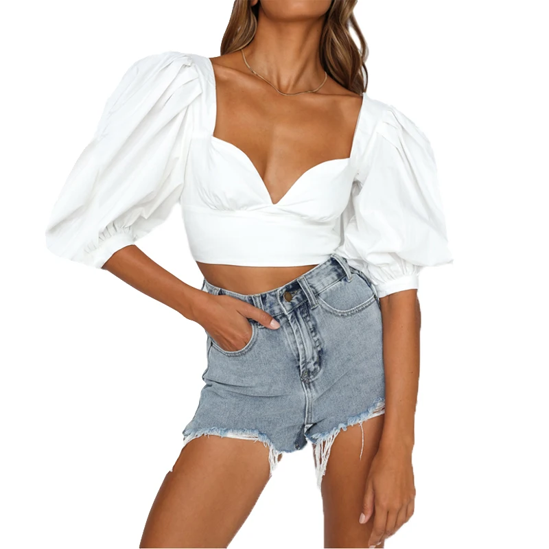 

2021 New Summer Bubble Sleeve Crumpled Top Square Collar Sexy Short Blouse