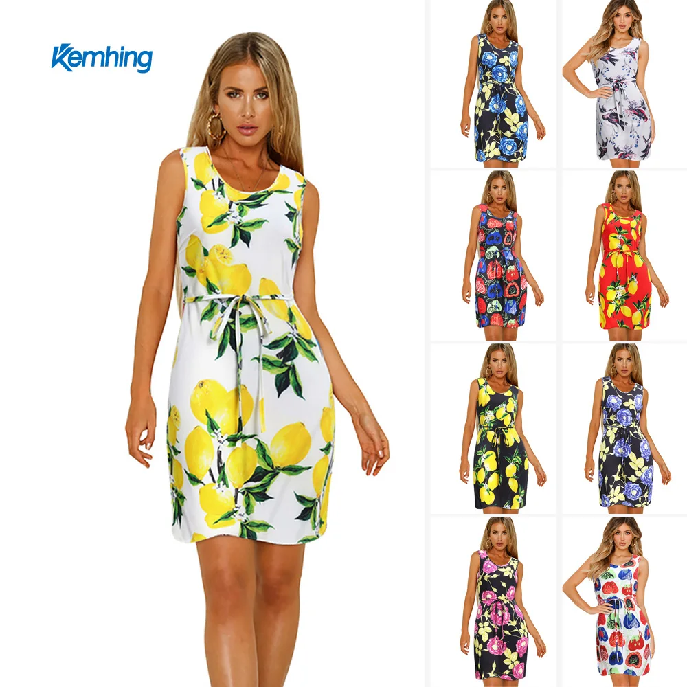 

Summer fashion Women Dress Print Casual Style Ladies Office Clothing Cheap Beach Sleeveless Dress