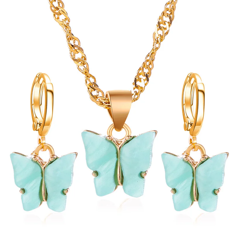 

Fashion Trendy Butterfly Necklace Earrings Set Acrylic Butterfly Charm Pendant Necklace, As picture show