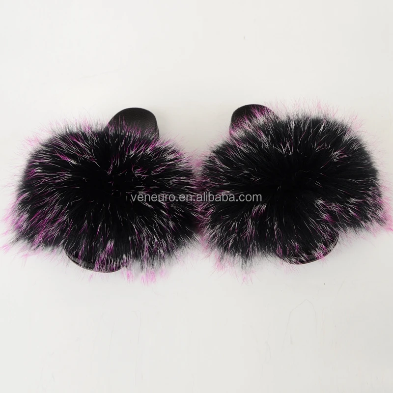 

Fashion Design Women Raccoon Fur Colorful Sandal Slides Soft Furry Slippers Natural black Big Fur Slides, Customized color