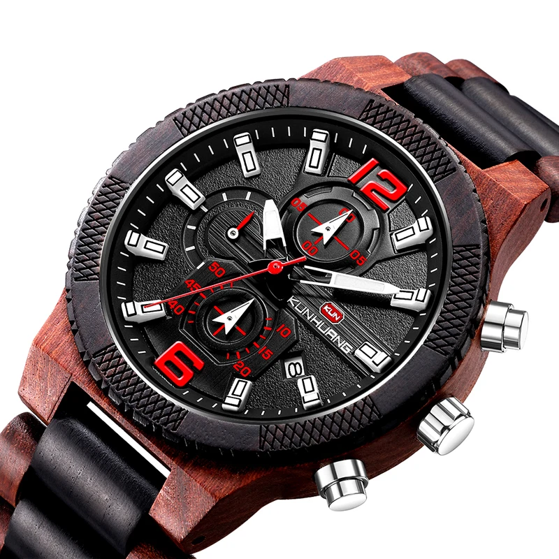 

Hot 2019 KH Men Wooden Watch Luxury Large Dial Sandalwood Fashion Waterproof Quartz Wristwatch 1019, 4 colors