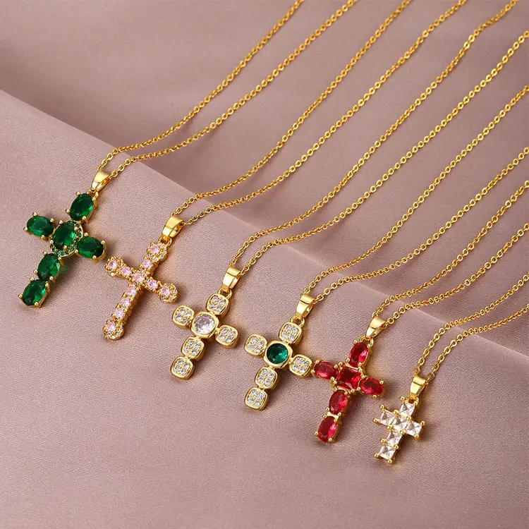 

Wholesale Multitype Gold Plated Stainless Steel Religious Christ Necklace Women Luxury Full Crystal Zircon Cross Charm Necklace