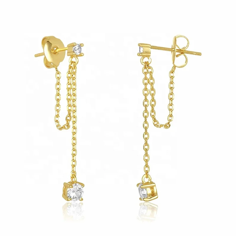 

925 Sterling Silver Jewelry Zircon Charm Long Chain Tassel Stud Earrings For Women, Gold and silver