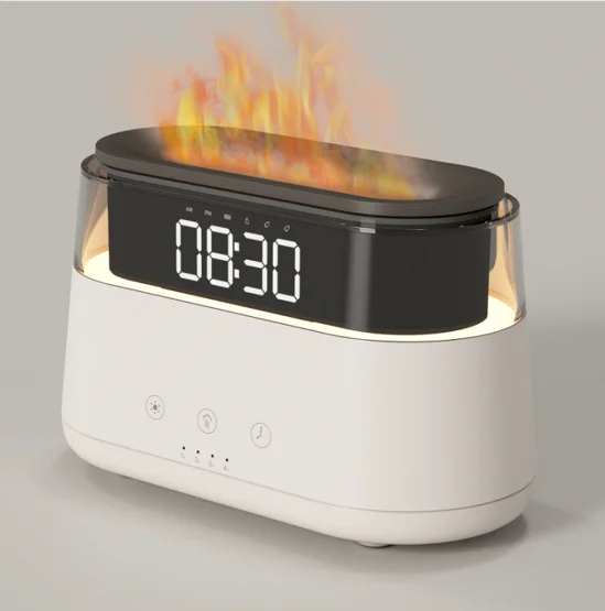 

New Design Elegant Alarm Clock Oil Diffuser Innovative Simulation Flame Humidifier With Timer Function Flame Night Light