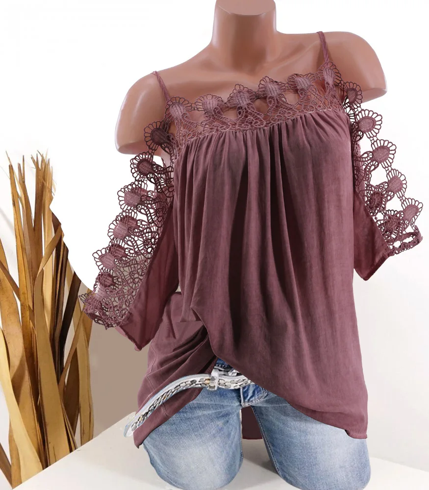 

5XL Large Size 2019 Summer Plus Size Tops Women Flare Sleeve Casual Loose Tee Shirts Sexy Off Shoulder Strap Lace Splice T Shirt, As the pictures shown