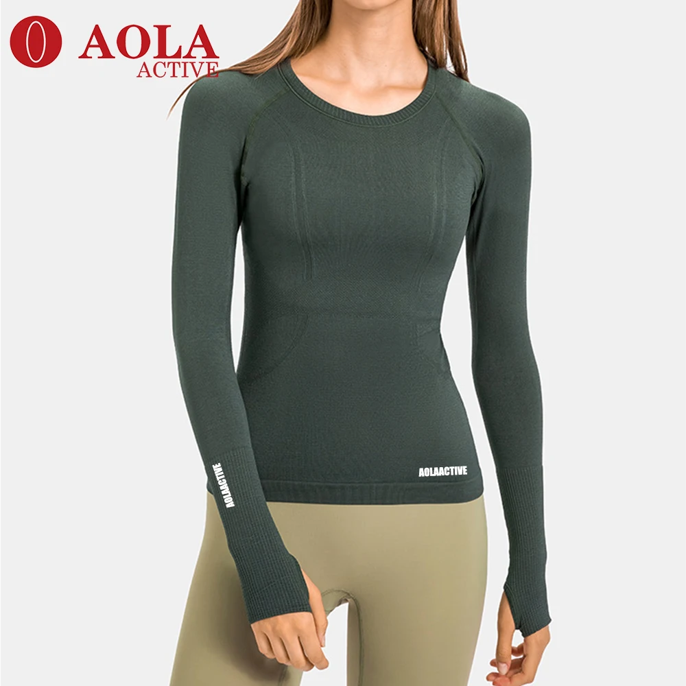 

AOLA Women's Slim Casual T-Shirt Solid Color Long Sleeve O-Neck Side Knitted Crop Top For Ladies