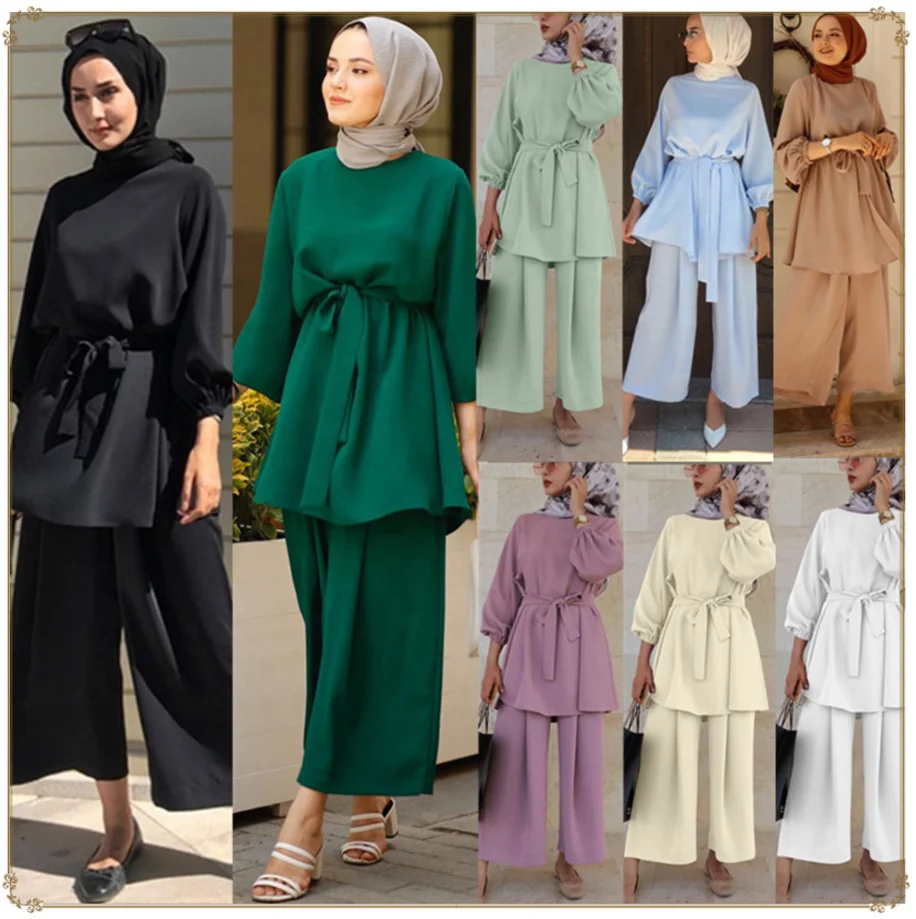 

New Solid Color Top Suit Wide Leg Pants Muslim Women Long Sleeve Two Pieces Set Islamic Clothing Middle East Dubai Suit for Lady