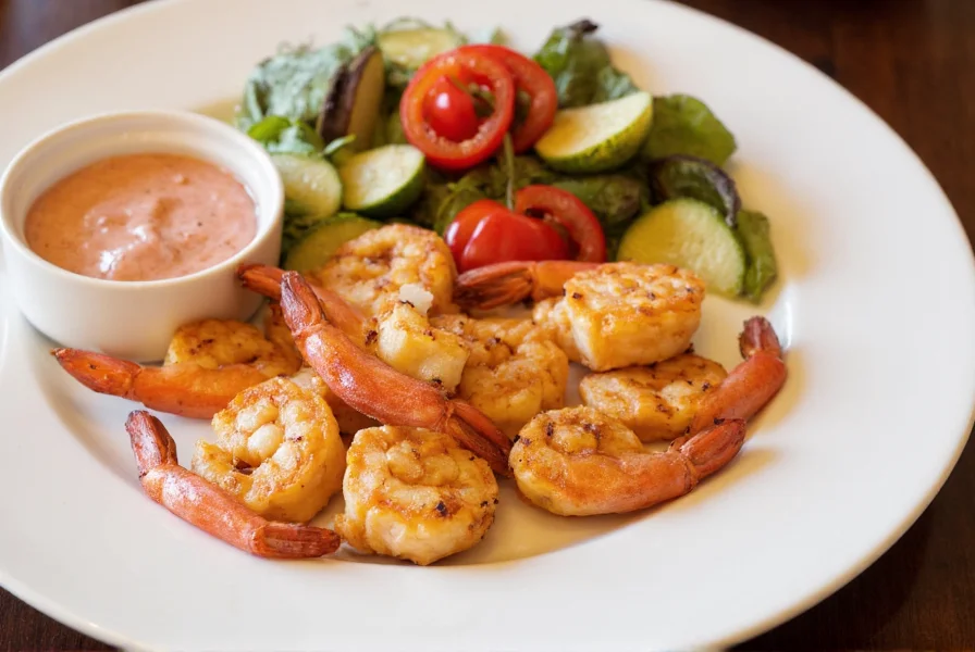 Plated dish showing grilled shrimp with red pepper aioli dipping sauce alongside roasted vegetables