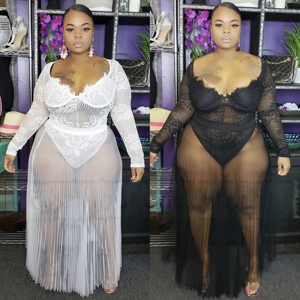 

Sexy lace one-piece + gauze skirt plus size women's two-piece dress Home service suit