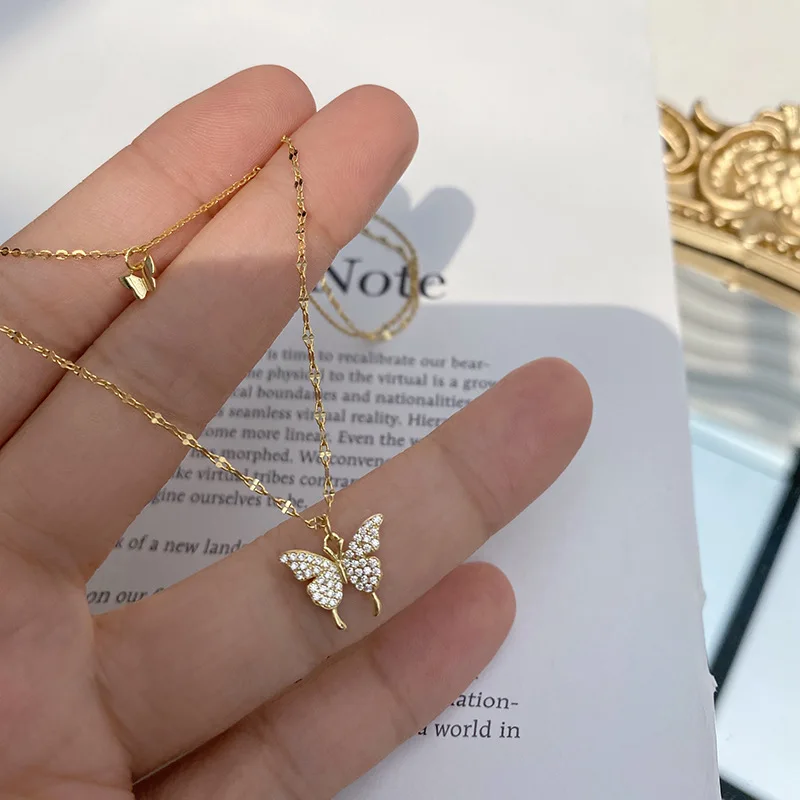 

Personality Layered Butterfly Necklace For Women INS Trendy Necklaces Zircon Gold Plated Multi Layer Silver Charm Jewelry