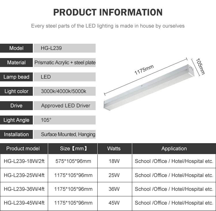 Low power surface mounted hanging 18w 25w 36w 45w linear led lamp