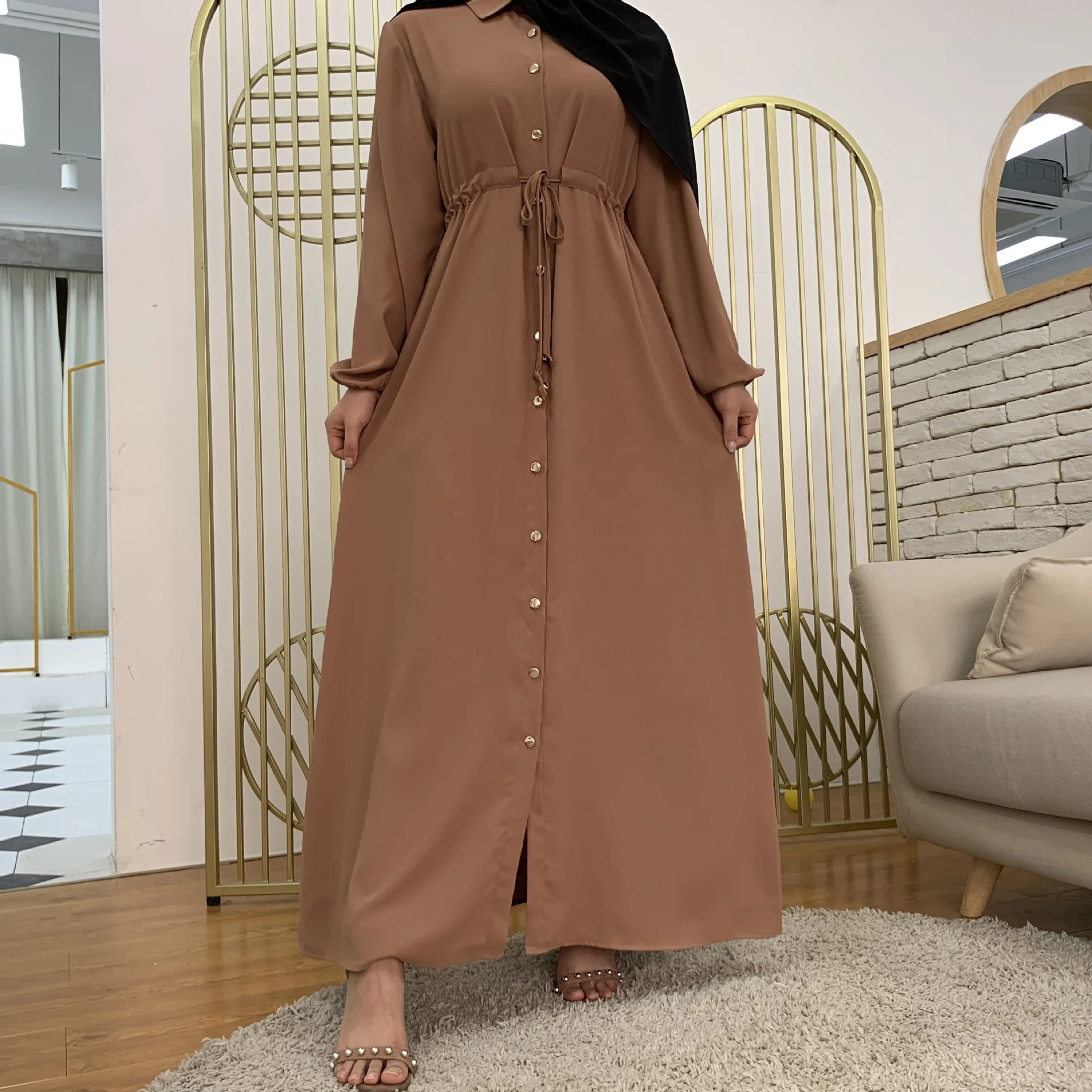 

Cm005 New Fashion Muslim Lapel Solid Color Full Button Slim Dress Long Skirt