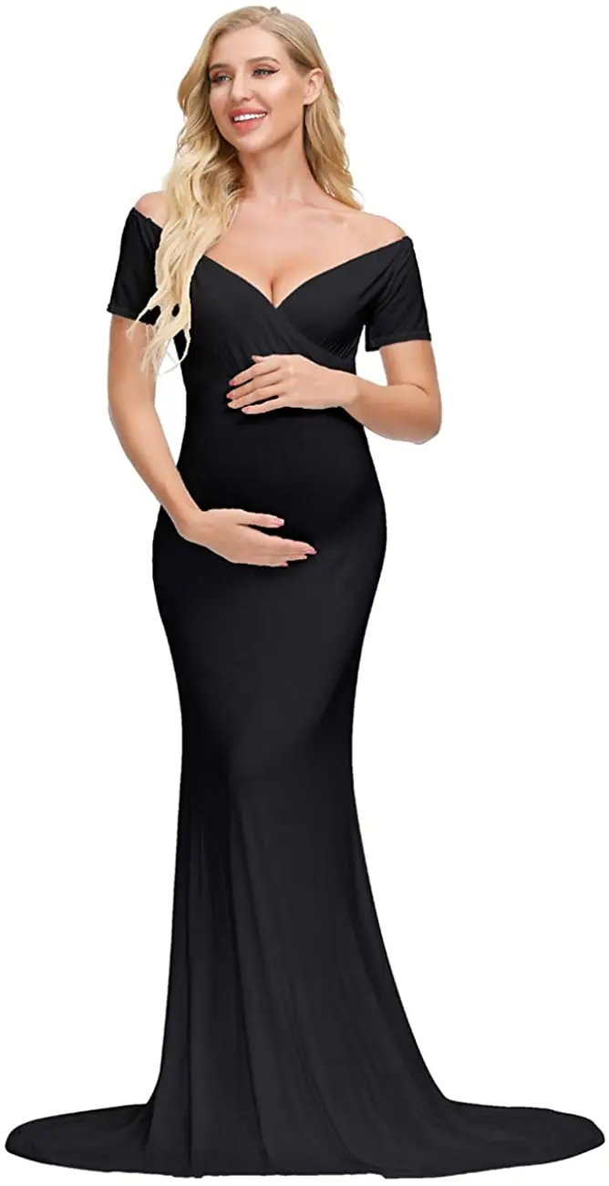 SBYOJLPB Summer Maternity Clothes Women off Shoulder Pregnants Sexy  Photography Ruffled Nursing Long Dress Reduced Price Black L