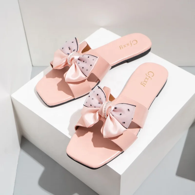 

New Arrivals Summer Women Flat Bow-Tie Slides Slippers Shoes Light Weight Solid Outdoor Casual Shoes Women Flat Cute Sandals