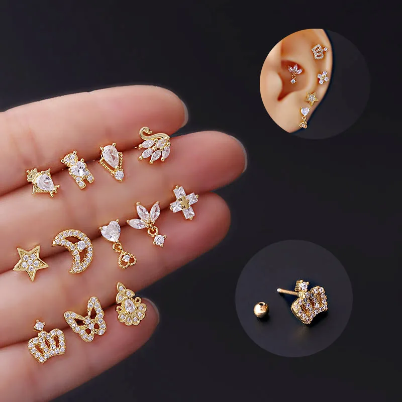 

Flower Shape 20G Stainless Steel Ab Crystal Cartilage Piercing Gold Ear Conch Helix Snug Screw Back Earring Stud, 1 piece in small oppbag