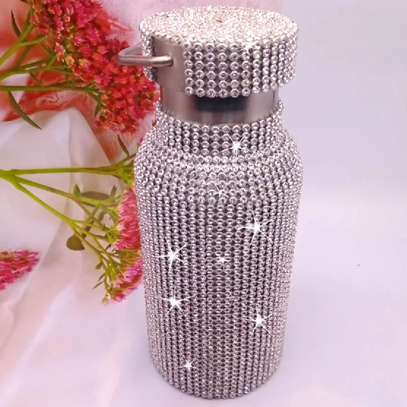 

Wholesale 500ml Thermos Mugs Colorful Bling Bling Rhinestone Vacuum Insulated Water Bottle With Handle, Black,champaign gold,dark purple,green,purple,red,rose gold,white