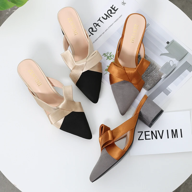 

PU Leather OEM Casual Outdoor Slippers Office Lady Business Square Heels for Women Girls High Heeled Sandals Customized Shoes