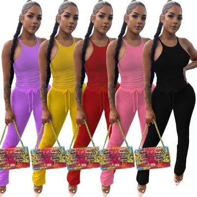

2021 New Arrivals Solid Women Stacked Pant Set Summer Ladies Sexy Tank Top 2 Piece Set Sleeveless And Stacked Jogger Set Women